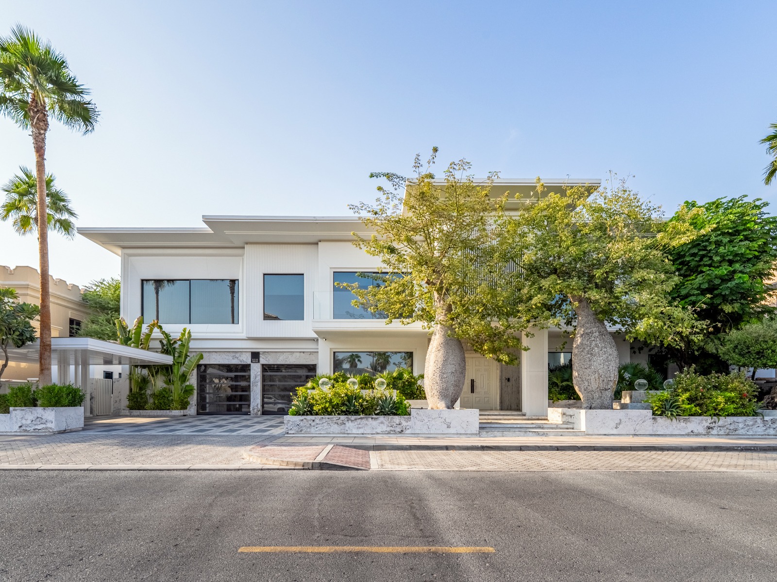 Villa front facade with clean architectural lines